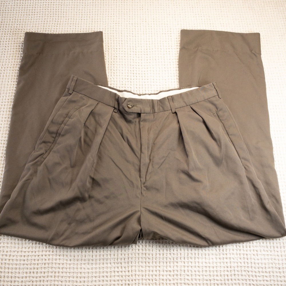 Chaps Ralph Lauren Trousers Mens 36x29 Olive Brown Pleated Dress Pants Straight